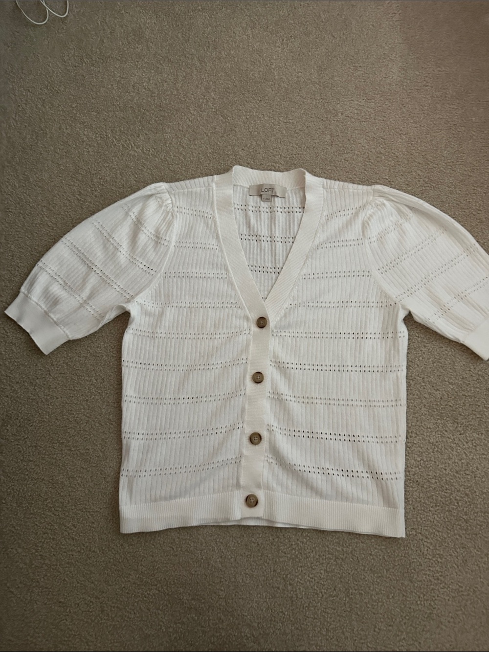 LOFT Cream Open-Knit V-Neck Button Cardigan